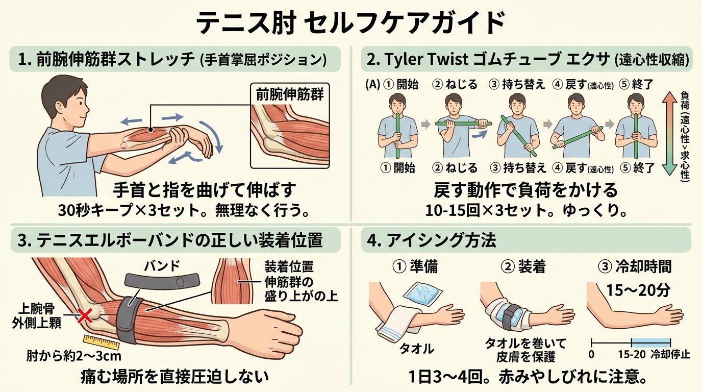 テニス肘のセルフケア：前腕伸筋ストレッチ・Tyler Twist遠心性収縮エクサ