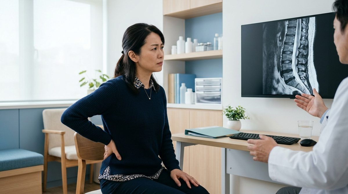 レントゲン画像を見ながら腰に手を当てて困惑する女性（腰痛なのに画像では異常なし）
