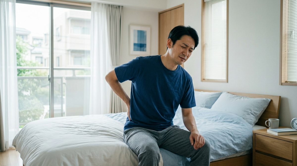 朝、ベッドから起き上がろうとして腰を押さえる男性（ぎっくり腰の発症シーン）