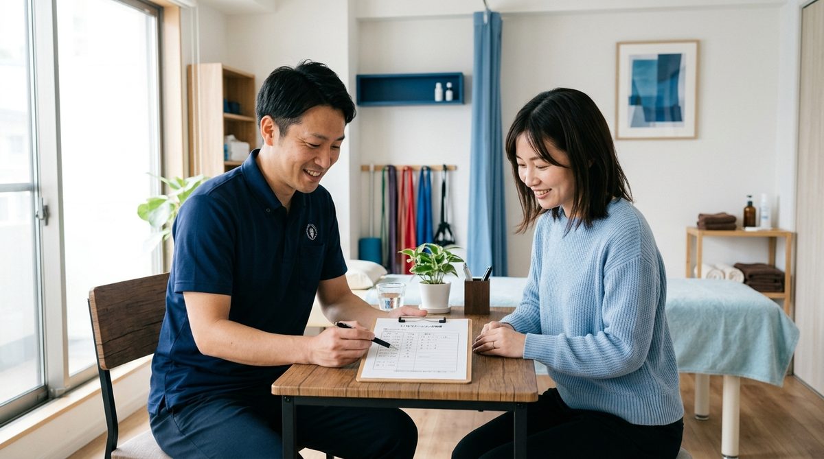 施術計画を一緒に確認する理学療法士と患者（整体は何回で変わるかの説明）